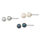 Sterling Silver Rhodium-plated 6-7mm Black, White and Grey Round Freshwater Cultured Pearl Set of 3 Post Earrings